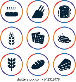 Bread icons set. set of 9 bread filled icons such as wheat, bread, cookies, sandwich, sandwich and apple