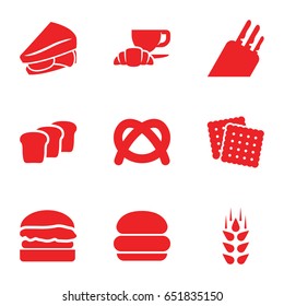 Bread icons set. set of 9 bread filled icons such as wheat, cookies, sandwich, coffee and croissant, bread, burger, knife