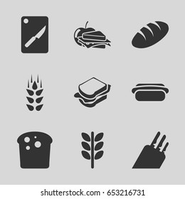 Bread icons set. set of 9 bread filled icons such as wheat, bread, sandwich, sandwich and apple, hot dog, chopping board and knife