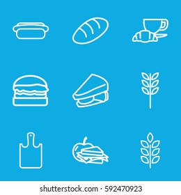 bread icons set. Set of 9 bread outline icons such as wheat, bread, sandwich, coffee and croissant, sandwich and apple, burger, hot dog