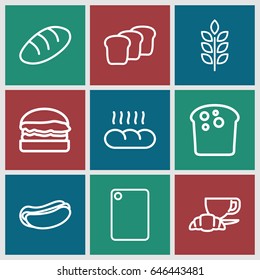Bread icons set. set of 9 bread outline icons such as wheat, bread, hot dog, coffee and croissant, burger