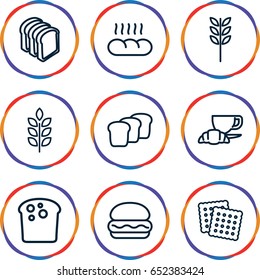 Bread icons set. set of 9 bread outline icons such as wheat, cookies, coffee and croissant