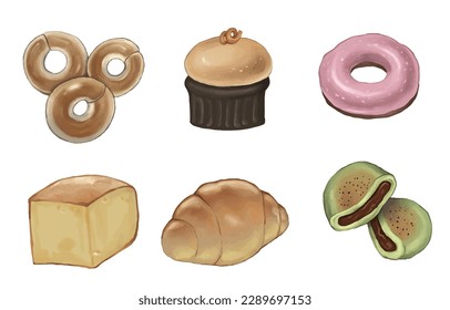 Bread icons set for bakery shop pie, wheat bagels and rye croissant