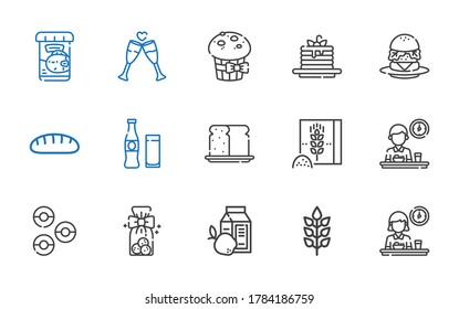 bread icons set. Collection of bread with breakfast, wheat, cookies, donuts, wheat flour, beverage, burger, pancakes, muffin, toast, fish food. Editable and scalable bread icons.