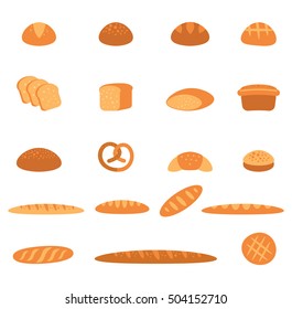 Bread icons set. Vector set of baked bread and rolls in a flat style isolated on white background.