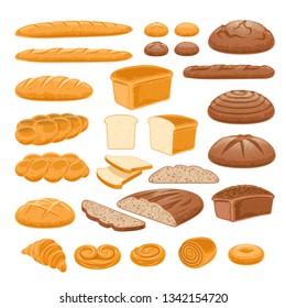 Bread icons set. Vector bakery pastry products - rye, wheat and whole grain bread, french baguette, croissant, bagel, roll, toast bread slices, donut, bun, loaf wicker bun