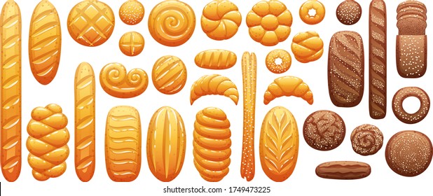 Bread icons set. Vector bakery pastry products - rye, wheat and whole grain bread, french baguette, croissant, bagel, roll, toast bread slices, donut, bun, loaf wicker bun