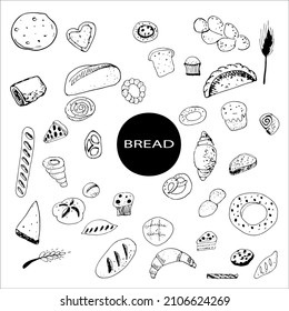 Bread icons set. Vector bakery products.collection of natural elements of bread and flour mill sketch vector illustration