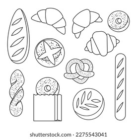 Bread icons set. Vector bakery pastry products - rye, wheat and whole grain bread, french baguette, croissant, bagel, roll, donut, bun, loaf wicker bun outline illustration isolated on background