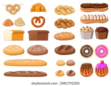 Bread icons set. Whole grain, wheat rye bread, toast, pretzel ciabatta, croissant, bagel, french baguette cinnamon bun. Sweet desserts. Pastry bakery. Eclair donut muffin. Vector illustration flat