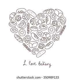 Bread icons in the shape of a heart. The inscription "I love the bakery." Vector illustration on white background.
