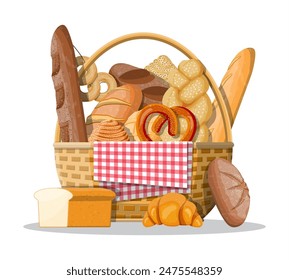 Bread icons and wicker basket. Whole grain, wheat and rye bread, toast, pretzel, ciabatta, croissant, bagel, french baguette, cinnamon bun. Vector illustration in flat style
