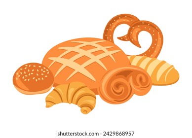 Bread illustration. White freshly baked baguette, croissant and bagel wheat grains. Composition for cafe menu and shop label. Healthy food sweet snack. Vector cartoon flat style isolated collection
