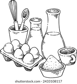 Bread ingredient and utensils hand drawn illustration with line art style.