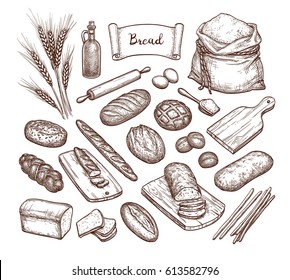 Bread and Ingredients. Big set. Hand drawn vector illustration. Isolated on white background. Vintage style.