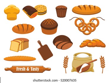 Bread Isolated Icon Set With Wheat And Rye Bread, Long Loaf, Baguette, Croissant, Cupcake, Sweet Bun, Toast, Bagel, Cookie, Glazed Roll, Flour Bag, Cereal Ear, Rolling Pin And Cutting Board