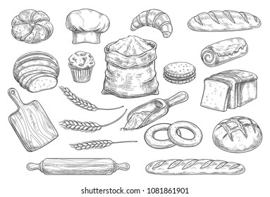 Bread isolated sketch set of bakery and pastry shop food. Bread, croissant and baguette, bun, cupcake and cake, wheat and rye long loaf bread, cookie and toast, bagel, sweet roll and flour bag