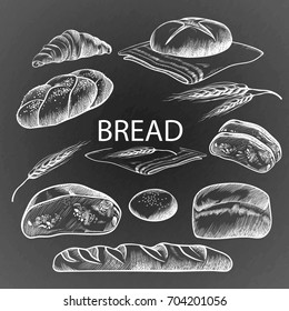 Bread items collection hand drawn illustration on dark grey