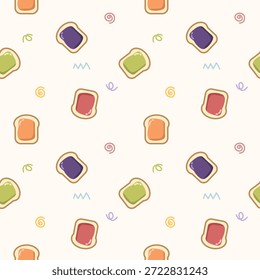 Pão e geleia de desenhos animados tão fofo. No plano de fundo do doodle. Ilustração de vetor uniforme de padrão. 
