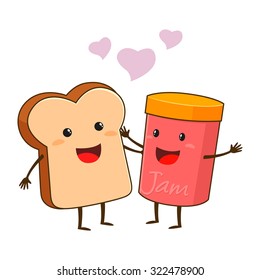 Bread and jam character love, vector illustration