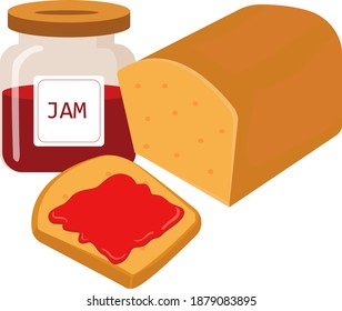 Bread and jam ,illustration, vector on white background.