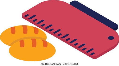 Concepto isométrico del cortador de pan, diseño del icono del vector del crapper de panadería, preparación de alimentos con símbolos de panadería y panadería y señalización de los utensilios de cocina, ilustración del material de elaboración de recetas