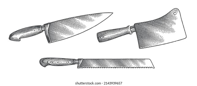 Bread knife, butcher knife and chef's knife with wooden handle. Сookbook etching illustration. Hand drawn engraving style vector illustration.