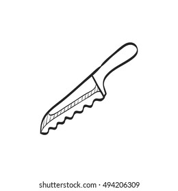 Bread knife icon in doodle sketch lines. Food kitchen household baking breakfast meal