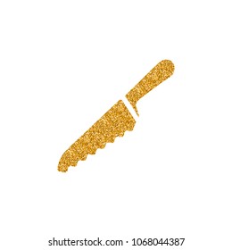 Bread knife icon in gold glitter texture. Sparkle luxury style vector illustration.