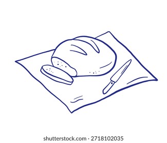 Pan y cuchillo en manta o servilleta en el picnic, dibujo de contorno, producto horneado caprichoso, ilustración de línea de garabatos
