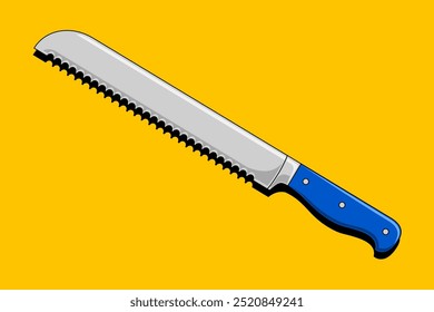 Bread knife. Sharp bread knife clipart vector illustration. Kitchen bread knife with plastic handle flat design. Serrated bread knife sign with shadow. Kitchen concept symbol.