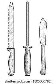 Bread knife, sharpener, table, serving, butter knife illustration, drawing, engraving, ink, line art, vector