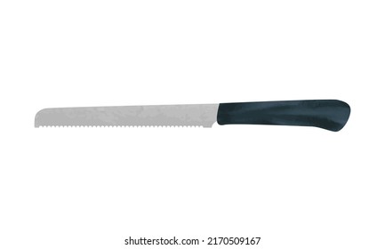 Bread Knife Watercolor Vector Illustration Isolated On White Background. Simple Bread Knife Clipart. Sharp Bread Knife Plastic Handle Cartoon Drawing Doodle Style. Kitchen Utensils And Cooking Tools