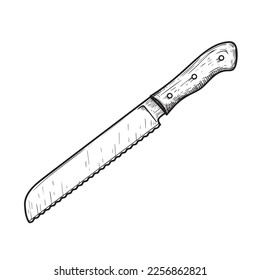 Bread knife with wooden handle. Butcher and kitchen utensil. Chef's tool. Hand drawn sketch style drawing. Vector illustration.