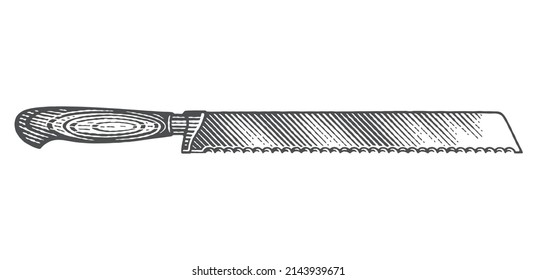Bread knife with wooden handle. Сookbook etching illustration. Hand drawn engraving style vector illustration.