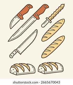 Facas de pão e ilustração de vetor de pão fresco - Ferramentas de cozimento e cozinha