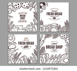 Bread labels design templates. Bakery hand-drawn banners. Bread and bakery illustrations, vector food icons