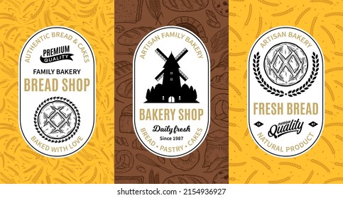 Bread labels, logo and packaging design templates for baked goods, bakery branding and identity. Vector bakery illustrations and patterns