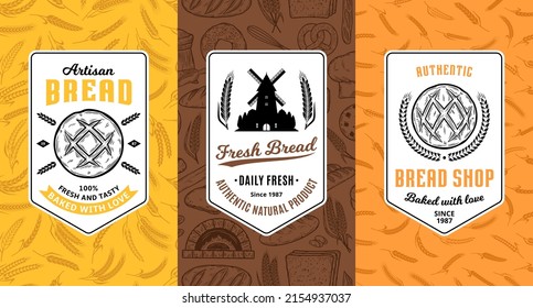 Bread labels, logo and packaging design templates for baked goods, bakery branding and identity. Vector bakery illustrations and patterns