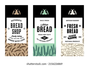 Bread labels in modern style. Bread logo and packaging design templates for baked goods, bakery branding and identity. Vector bakery illustrations and patterns