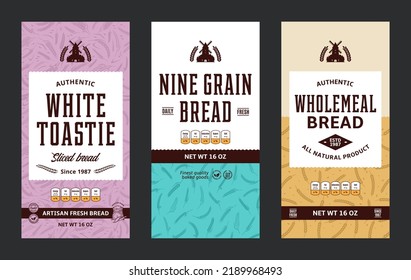 Bread labels in modern style. Vector bakery illustrations and cereal crops patterns