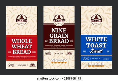 Bread labels in modern style. Vector bakery illustrations and cereal crops patterns