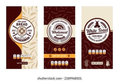 Bread labels in modern style. Vector bakery illustrations and cereal crops patterns