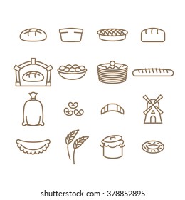 Bread Linear Icon Set. Baking. Bakery Products. Muffin And Soft Tack. Baton And Baguette. And Croissant Dough. Mill And Sack Of Flour. Signs For Production Of Cook. Wheatears And Donut.
