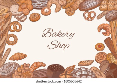 Bread, loaf, baguette, bun, croissant and more items illustration frame in graphic sketch style. Vector hand drawn vintage engraving illustration for poster, label and  menu bakery shop.