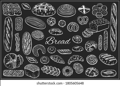 Bread, loaf, baguette, bun, croissant and more items illustration set in graphic sketch style. Vector hand drawn vintage engraving illustration for poster, label and  menu bakery shop.