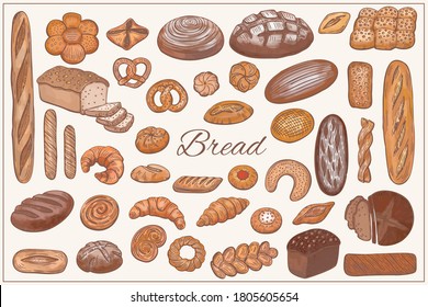 Bread, loaf, baguette, bun, croissant and more items illustration set in graphic sketch style. Vector hand drawn vintage engraving illustration for poster, label and  menu bakery shop.