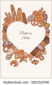 Bread, loaf, baguette, bun, croissant and more items illustration frame in graphic sketch style. Vector hand drawn vintage colorful illustration for poster, label and menu bakery shop.