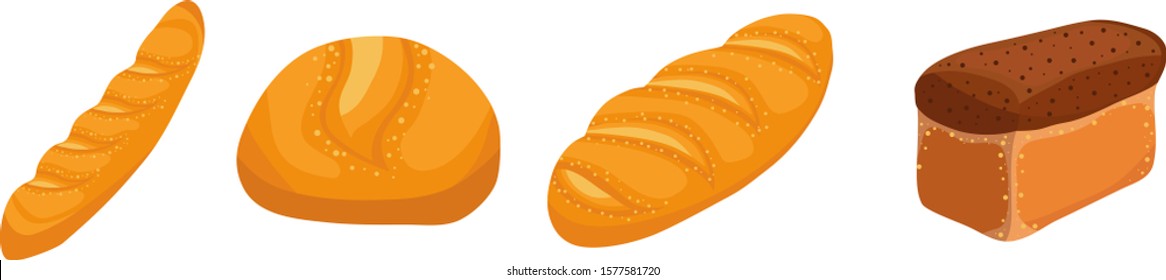 Bread, loaf of bread, baguette. Bread set vector illustration isolated on white, vector.