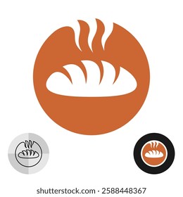 Bread loaf bakery logo with flavor wavy lines. Elegant design symbol of bakehouse or bakeshop. Long bun with delicious smell in a round badge.